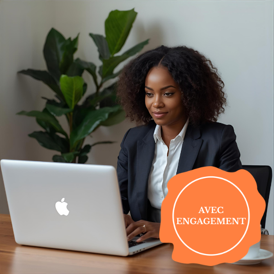 Forfait avec engagement Femme en costume travaillant sur un ordinateur portable sur une table en bois.